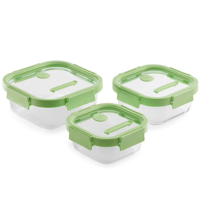 Set 3 caserole sticla depozitare alimente Lekue 1009493, 0,5/0,8/1,1 l, Capac, Supapa pentru cuptor cu microunde, -20/+100°C, Verde