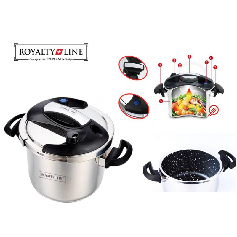 Oala sub presiune Royalty Line RL-PS6L, 6 L, 80 kPa, Otel inoxidabil, Supapa de siguranta, Inductie, Argintiu