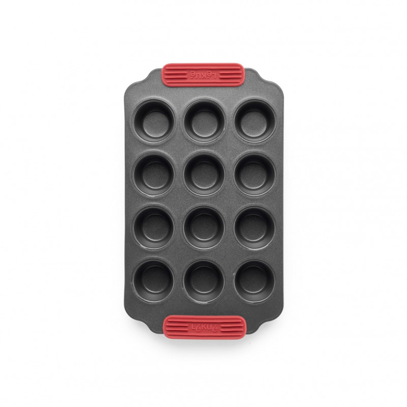 Forma pentru copt briose Lekue 1009479, 31x18x3,7 cm, Strat antiaderent ceramic, Otel carbon, +4°C / +240°C, Negru/rosu