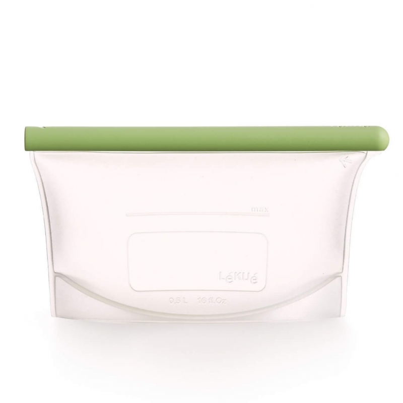 Lekue 1010208 pungă pentru depozitarea și congelarea lichidelor și alimentelor, 500 ml, silicon, rezistentă la scurgeri, câmp de etichetare, multifuncțională, -60/+220 °C, verde