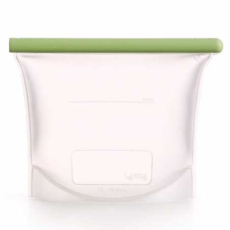 Lekue 1010209 pungă de depozitare și congelare pentru lichide și alimente, 1 litru, silicon, rezistentă la scurgeri, zonă de etichetare, multifuncțională, -60/+220 °C, verde