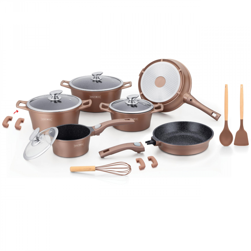 Set de vase Royalty Line RL-ES2014M, 17 piese, acoperire marmură, inducție, culoare cupru