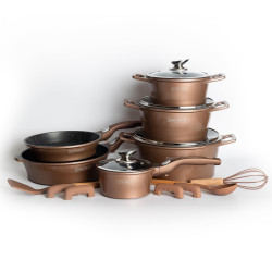 Set de vase Royalty Line RL-ES2014M, 17 piese, acoperire marmură, inducție, culoare cupru
