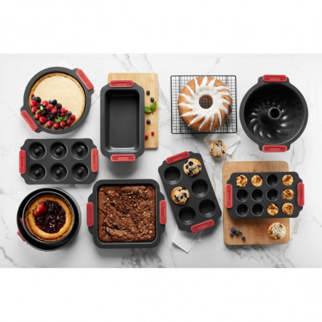 Forma de tort cu fund detasabil Lekue 1009475, Ø24 cm, Acoperire ceramica antiaderenta, Otel carbon, +4°C / +240°C, Negru/Rosu