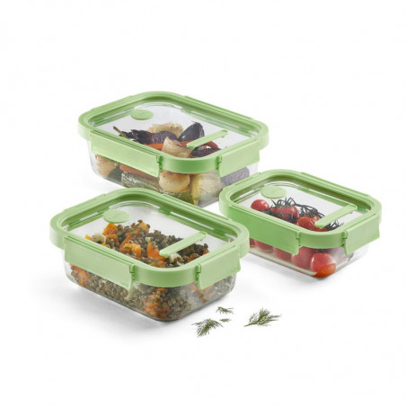 Set 3 caserole cu capace din sticla Lekue 1009492, Accesoriu de marcare, Silicon, -20°C/+100°C, Verde