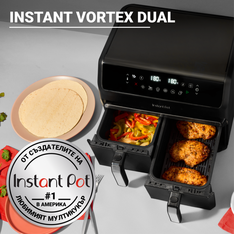 Friteuza dubla cu aer cald 8in1 Instant Pot Vortex DUAL INAFB91-BK, 1850 W, 8 l, 205°C, EvenCrisp, Gatit sincronizat, Control tactil, Negru/Otel inoxidabil