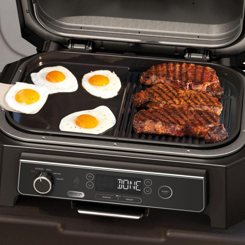 Placă pentru grătar Ninja XSKOGXLGGCMEU, 45 x 31 cm, netedă/nervurată, compatibilă cu Woodfire XL OG850/OG901, acoperire ceramică, negru