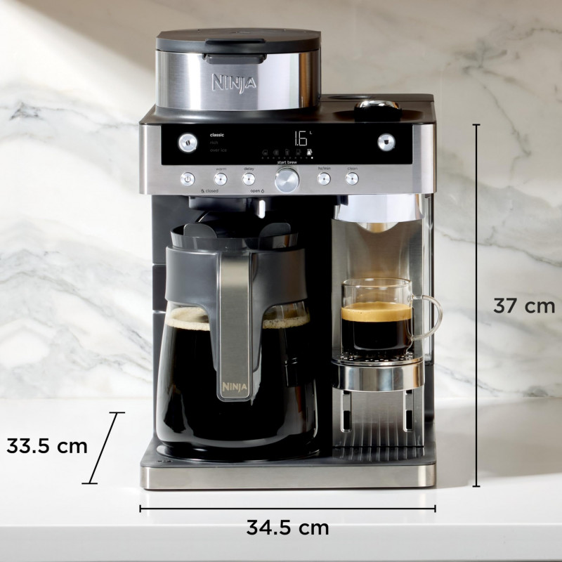 Mașină de espresso Ninja Prestige CFN802EU, 1650 W, 19 bari, 1,8 L, 10 dimensiuni, 3 moduri, DualBrew, Nespresso, oțel inoxidabil