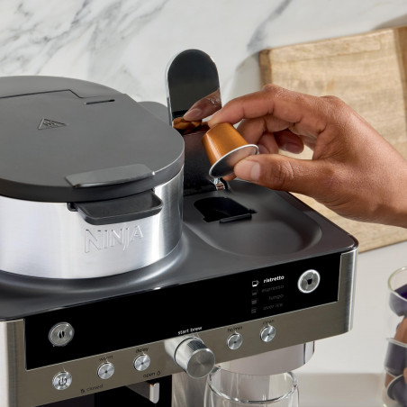 Mașină de espresso Ninja Prestige CFN802EU, 1650 W, 19 bari, 1,8 L, 10 dimensiuni, 3 moduri, DualBrew, Nespresso, oțel inoxidabil