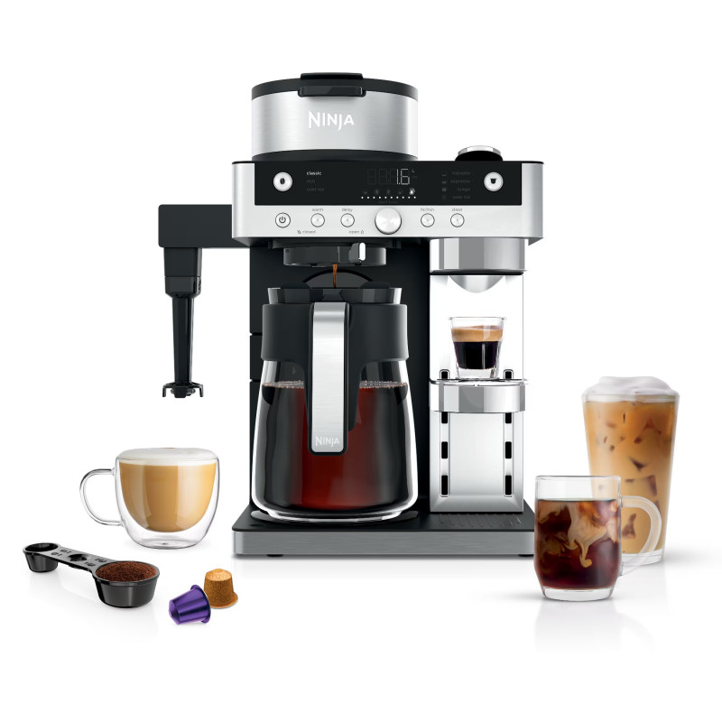 Mașină de espresso Ninja Prestige CFN802EU, 1650 W, 19 bari, 1,8 L, 10 dimensiuni, 3 moduri, DualBrew, Nespresso, oțel inoxidabil
