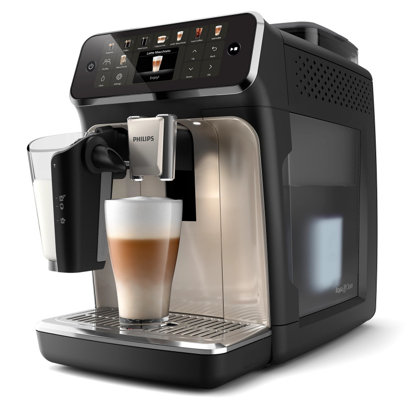 Mașină de cafea Philips EP5547/90 LatteGo, 1500 W, 15 bari, 1,8 l, 20 de băuturi, râșniță ceramică cu 12 trepte, ecran TFT, AquaClean, SilentBrew, AromaExtract, ExtraShot, Negru/Bej