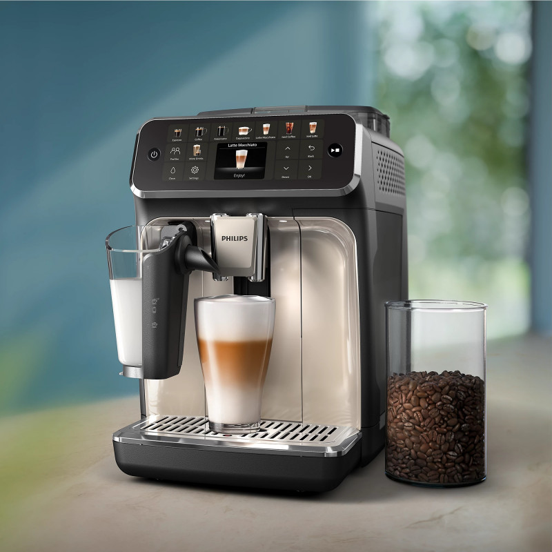 Mașină de cafea Philips EP5547/90 LatteGo, 1500 W, 15 bari, 1,8 l, 20 de băuturi, râșniță ceramică cu 12 trepte, ecran TFT, AquaClean, SilentBrew, AromaExtract, ExtraShot, Negru/Bej