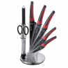 Set de cuțite Edenberg EB-952, 5 piese, oțel carbon, foarfece + ascuțitoare, suport acrilic, negru/roșu