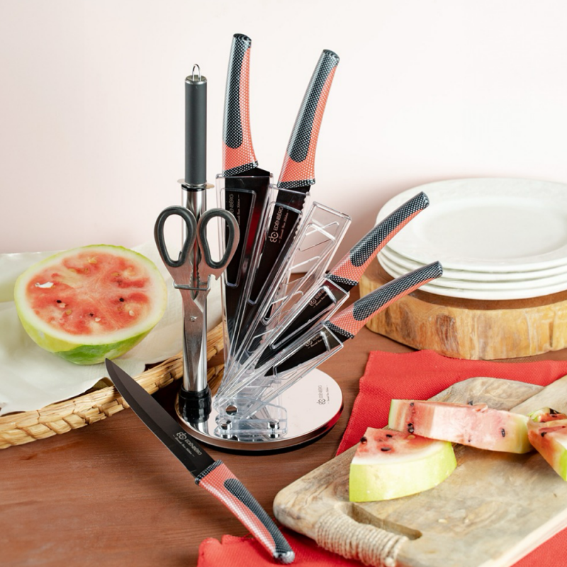 Set de cuțite Edenberg EB-952, 5 piese, oțel carbon, foarfece + ascuțitoare, suport acrilic, negru/roșu