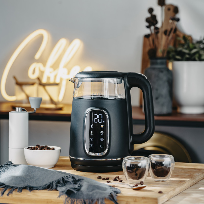 Cana electrica Adler AD 1305 BS, 1850/2200 W, 1,7 L, Control tactil, Afisaj LCD color, 5 setari de temperatura 40-100°C, Filtru anticalcar, Negru/Gri