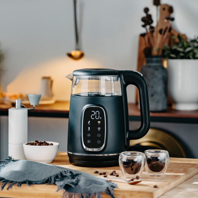 Cana electrica Adler AD 1305 BS, 1850/2200 W, 1,7 L, Control tactil, Afisaj LCD color, 5 setari de temperatura 40-100°C, Filtru anticalcar, Negru/Gri