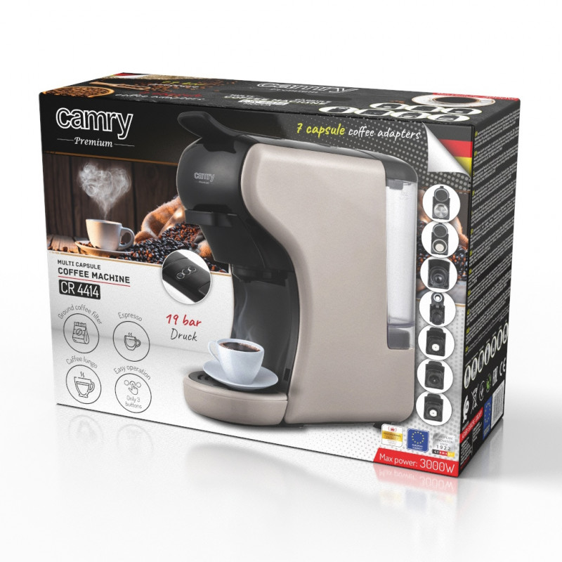 Espressor pentru cafea macinata si capsule 9in1 Camry CR 4414, 3000 W, 19 bar, Bej/Negru