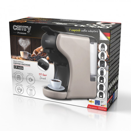 Espressor pentru cafea macinata si capsule 9in1 Camry CR 4414, 3000 W, 19 bar, Bej/Negru