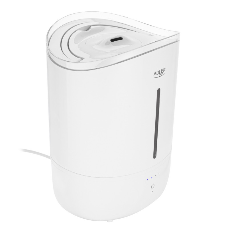 Umidificator de aer Adler AD 7971, 30 W, Pana la 20 m², 5 litri, 150-300 ml/h, ultrasonic, Pana la 50 h cu o umplere, Alb