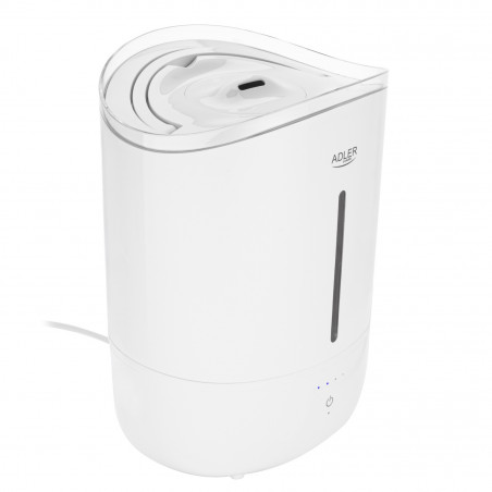 Umidificator de aer Adler AD 7971, 30 W, Pana la 20 m², 5 litri, 150-300 ml/h, ultrasonic, Pana la 50 h cu o umplere, Alb