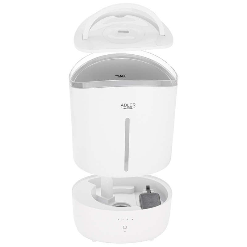 Umidificator de aer Adler AD 7971, 30 W, Pana la 20 m², 5 litri, 150-300 ml/h, ultrasonic, Pana la 50 h cu o umplere, Alb