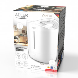 Umidificator de aer Adler AD 7971, 30 W, Pana la 20 m², 5 litri, 150-300 ml/h, ultrasonic, Pana la 50 h cu o umplere, Alb