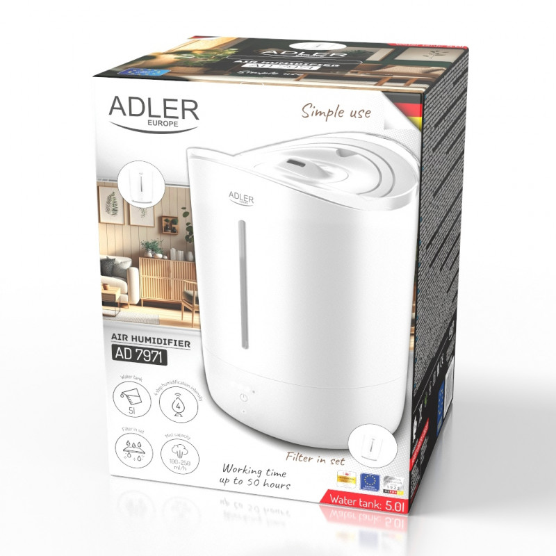 Umidificator de aer Adler AD 7971, 30 W, Pana la 20 m², 5 litri, 150-300 ml/h, ultrasonic, Pana la 50 h cu o umplere, Alb