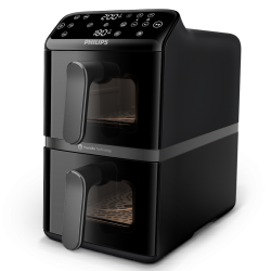 Friteuză verticală dublă cu aer cald Philips Dual Stack 4000 NA460/00, 2750 W, 10 l, 13 programe, 40-220 °C, sincronizare, acoperire ceramică fără PFAS, fereastră, negru