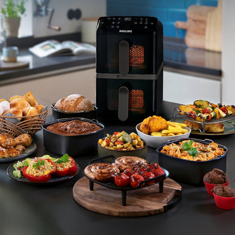 Friteuză verticală dublă cu aer cald Philips Dual Stack 4000 NA460/00, 2750 W, 10 l, 13 programe, 40-220 °C, sincronizare, acoperire ceramică fără PFAS, fereastră, negru