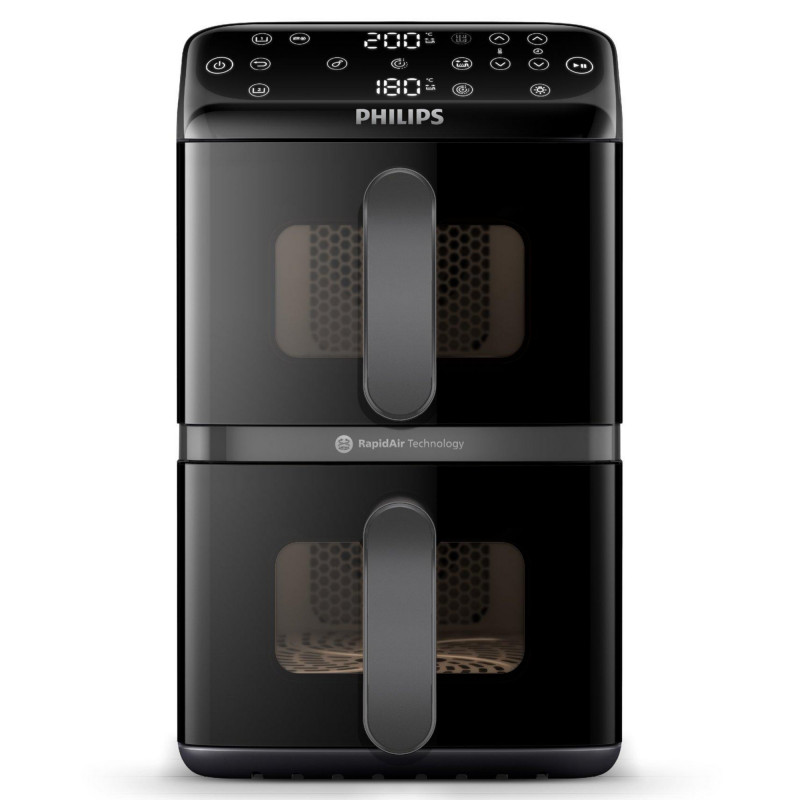 Friteuză verticală dublă cu aer cald Philips Dual Stack 4000 NA460/00, 2750 W, 10 l, 13 programe, 40-220 °C, sincronizare, acoperire ceramică fără PFAS, fereastră, negru