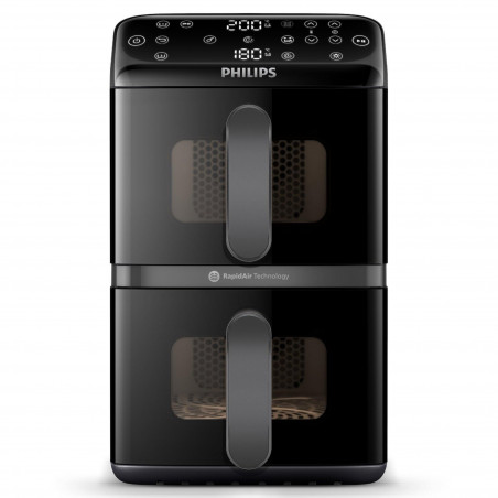 Friteuză verticală dublă cu aer cald Philips Dual Stack 4000 NA460/00, 2750 W, 10 l, 13 programe, 40-220 °C, sincronizare, acoperire ceramică fără PFAS, fereastră, negru