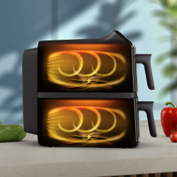 Friteuză verticală dublă cu aer cald Philips Dual Stack 4000 NA460/00, 2750 W, 10 l, 13 programe, 40-220 °C, sincronizare, acoperire ceramică fără PFAS, fereastră, negru