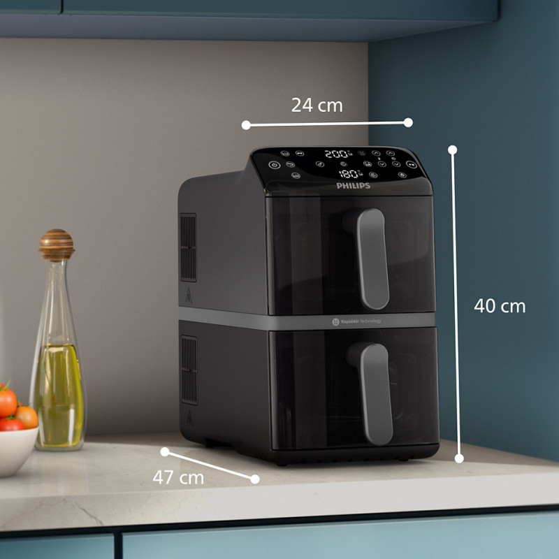 Friteuză verticală dublă cu aer cald Philips Dual Stack 4000 NA460/00, 2750 W, 10 l, 13 programe, 40-220 °C, sincronizare, acoperire ceramică fără PFAS, fereastră, negru