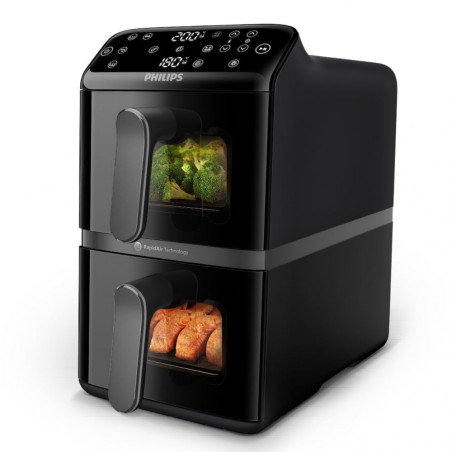 Friteuză verticală dublă cu aer cald Philips Dual Stack 4000 NA460/00, 2750 W, 10 l, 13 programe, 40-220 °C, sincronizare, acoperire ceramică fără PFAS, fereastră, negru