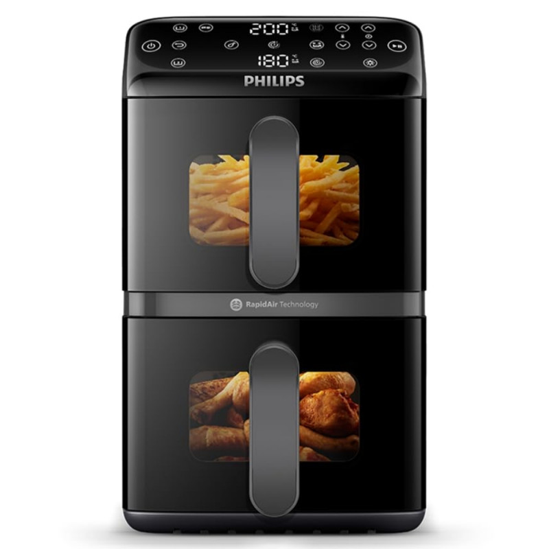 Friteuză verticală dublă cu aer cald Philips Dual Stack 4000 NA460/00, 2750 W, 10 l, 13 programe, 40-220 °C, sincronizare, acoperire ceramică fără PFAS, fereastră, negru