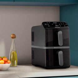 Friteuză verticală dublă cu aer cald Philips Dual Stack 4000 NA460/00, 2750 W, 10 l, 13 programe, 40-220 °C, sincronizare, acoperire ceramică fără PFAS, fereastră, negru