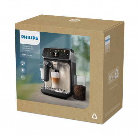 Mașină de cafea Philips EP5549/70 LatteGo, 1500 W, 15 bari, 1,8 l, 20 băuturi, râșniță ceramică cu 12 niveluri, TFT, AquaClean, SilentBrew, AromaExtract, ExtraShot, negru/bej
