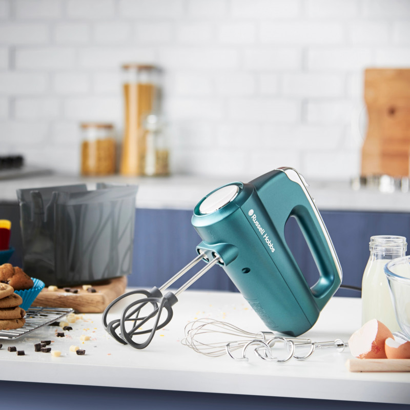 Mixer manual Russell Hobbs Swirl 25891-56, 350 W, 5 viteze, Functie Turbo, Buton pentru accesorii, Batator elicoidal de inalta performanta, Fara BPA, Turcoaz