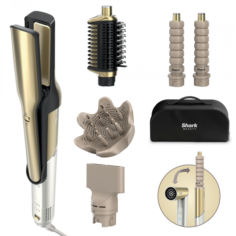 Uscator si styler pentru par 5in1 Shark Glam Multistyler HD6052SEU, 1500 W, 3 viteze, 6 temeperaturi, 100-220°C, Elemente ceramice, Ionizare, Ondulare automata Coanda, Gloss Lock, Auriu