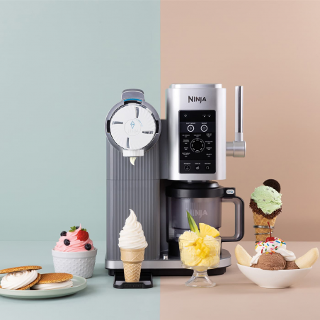 Aparat de înghețată 13-în-1 Ninja CREAMi Scoop & Swirl™ NC701EU, 800 W, 13 programe, manetă cu 3 trepte pentru cornetele de înghețată, CreamiFit, Creamify, 2 cupe de 473 ml, personalizare, gri/negru