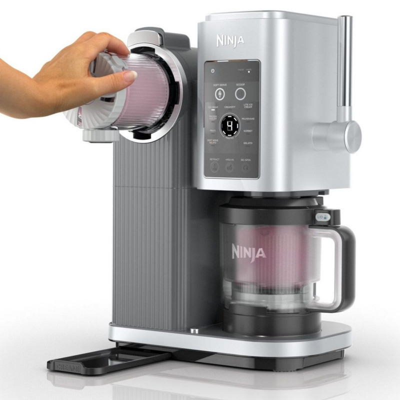 Aparat de înghețată 13-în-1 Ninja CREAMi Scoop & Swirl™ NC701EU, 800 W, 13 programe, manetă cu 3 trepte pentru cornetele de înghețată, CreamiFit, Creamify, 2 cupe de 473 ml, personalizare, gri/negru