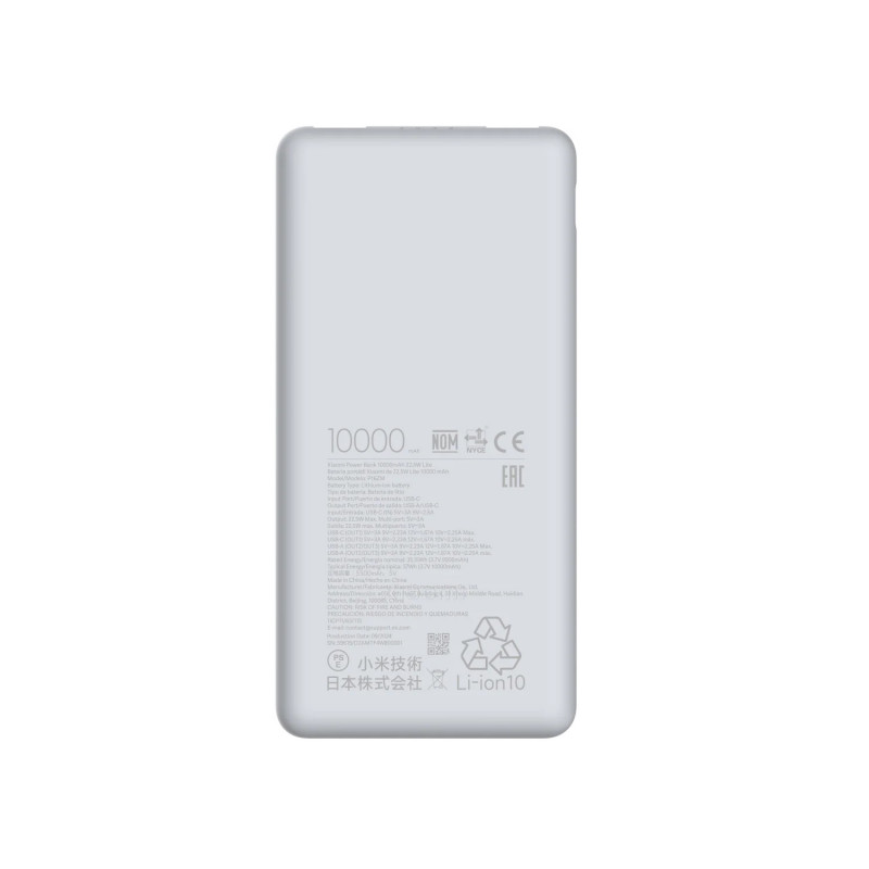 Baterie externa Xiaomi BHR9350GL Lite, Incarcare 22,5 W, 10 000 mAh, 37 Wh, 2 porturi USB-C, 1 port USB-A, Alb