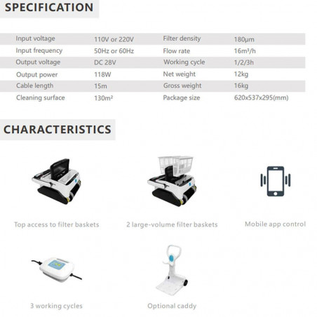 Robot pentru piscine Opson Pro, 118 W, 130 m², 10-35°C, 16 m³/h, Giroscop, 3 moduri, Motor triplu, Alb/Negru
