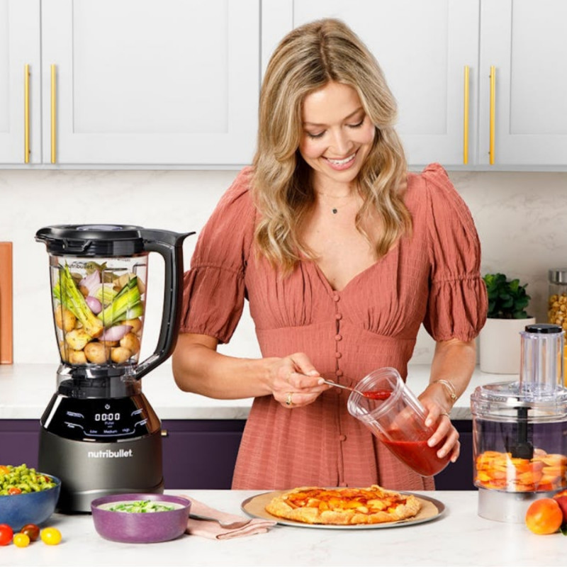 Blender, robot, Nutribullet 3in1 Triple Prep System NBF580B, 1500 W, 1,8 l, 8 programe, 3 viteze, 8 programe, Recunoastere accesorii, Comandă tactila, Negru/gri