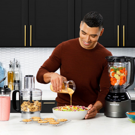 Blender, robot, Nutribullet 3in1 Triple Prep System NBF580B, 1500 W, 1,8 l, 8 programe, 3 viteze, 8 programe, Recunoastere accesorii, Comandă tactila, Negru/gri