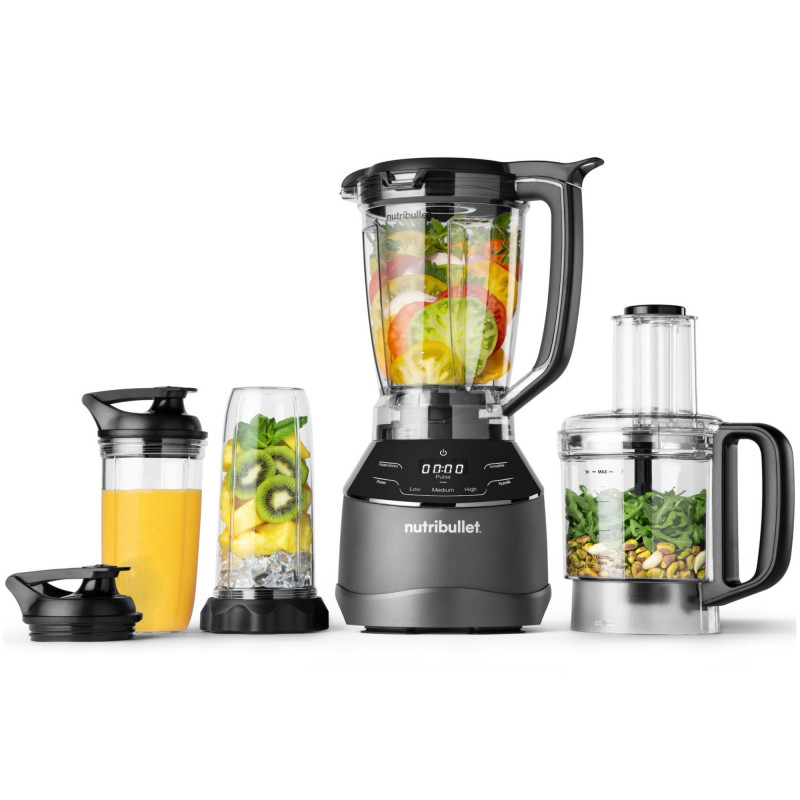 Blender, robot, Nutribullet 3in1 Triple Prep System NBF580B, 1500 W, 1,8 l, 8 programe, 3 viteze, 8 programe, Recunoastere accesorii, Comandă tactila, Negru/gri