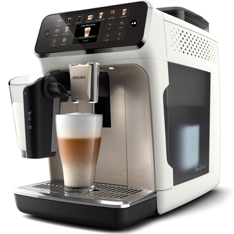 Espressor automat Philips LatteGo 5500 EP5543/90, 1500 W, 15 bar, 1,8 l, 20 bauturi, LatteGo, SilentBrew, QuickStart, Rasnita ceramica, Ecran tactil, Alb cromat