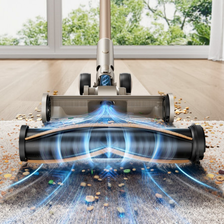 Aspirator vertical Honiture X7 CJD239, 550 W, 45 kPa, 1,5 l, 60 min, 3 moduri, Inaltime reglabila, Filtru HEPA, Ecran tactil, Perie cu LED, Nichel/Galben