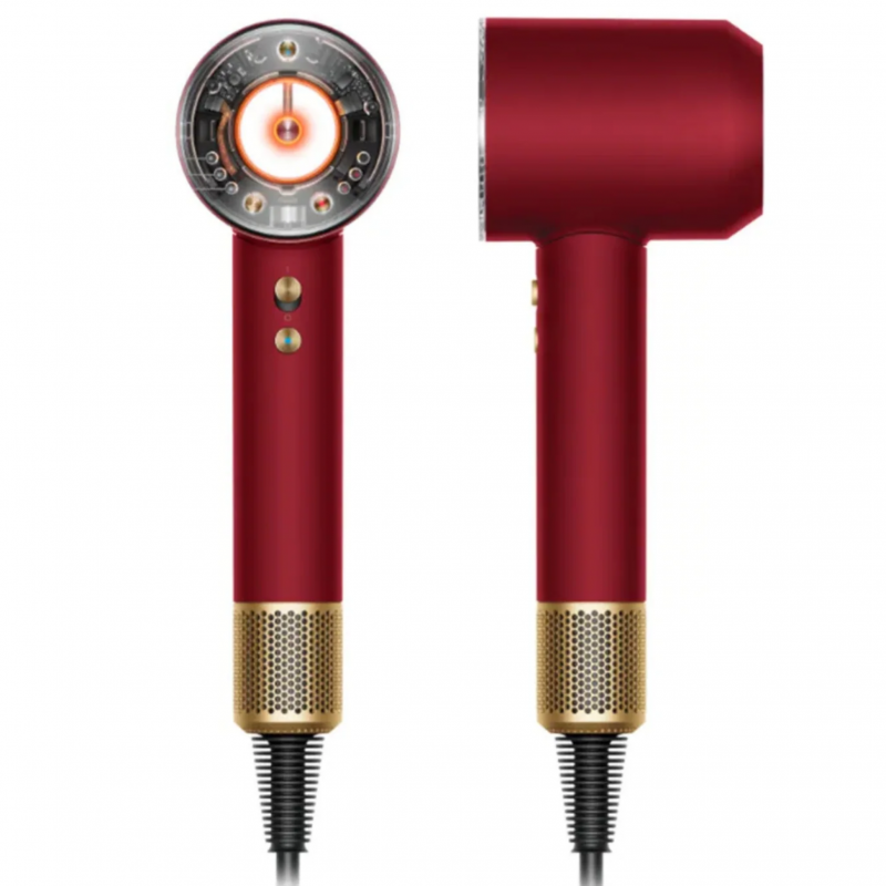 Uscator de par Dyson Supersonic Nural HD16 RdVe/Gd Straight+Wavy 493117-01, 1600 W, 3 viteze, 4 temperaturi, Ioni negativi, 5 accesorii, Protectie pentru scalp, Rosu catifelat/Auriu