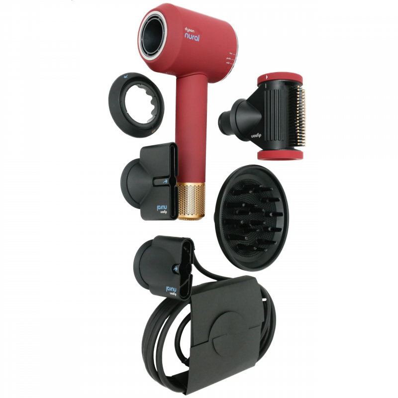 Uscator de par Dyson Supersonic Nural HD16 RdVe/Gd Straight+Wavy 493117-01, 1600 W, 3 viteze, 4 temperaturi, Ioni negativi, 5 accesorii, Protectie pentru scalp, Rosu catifelat/Auriu